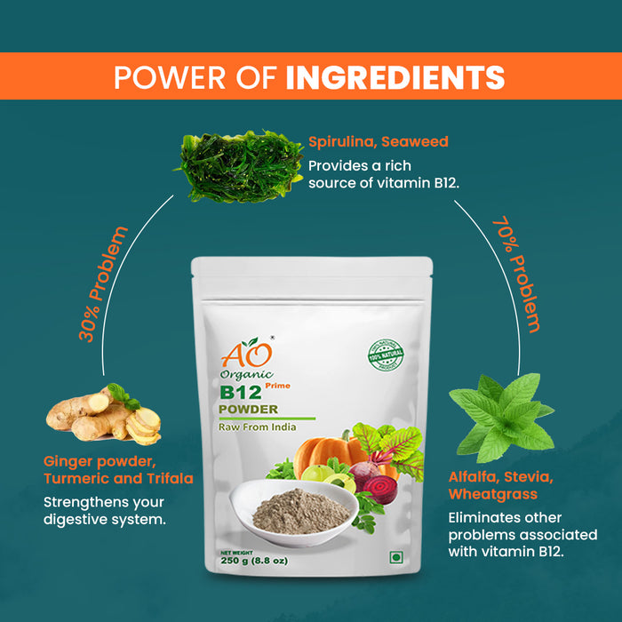 AO Organic B12 Powder packaging with ingredients listed on a green background