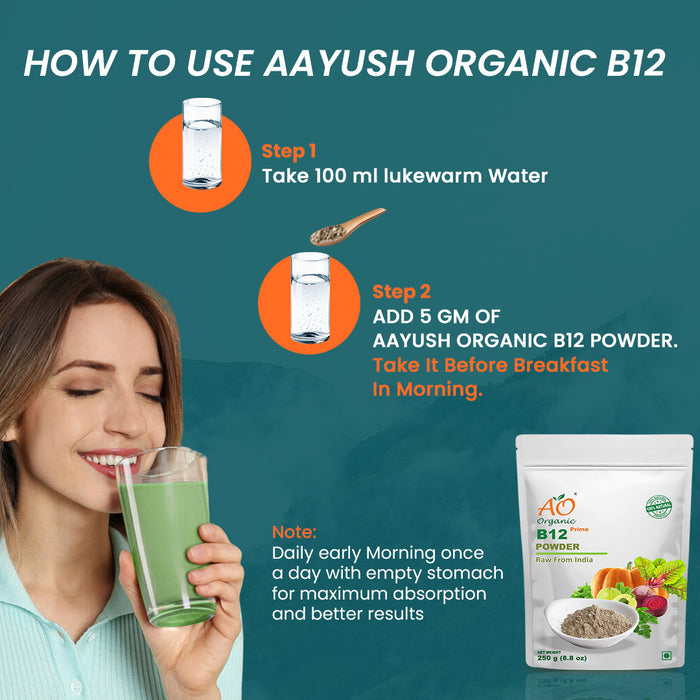 Instructions on how to use Aayush Organic B12 with a woman drinking a green smoothie and product packaging.