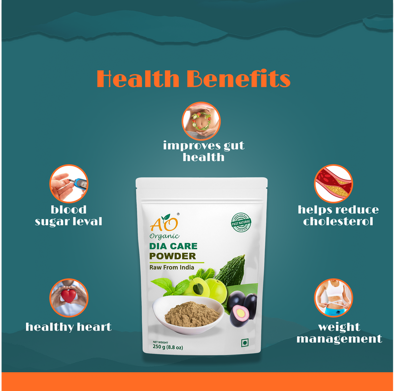 DIA Care Powder packaging with health benefits on a teal background