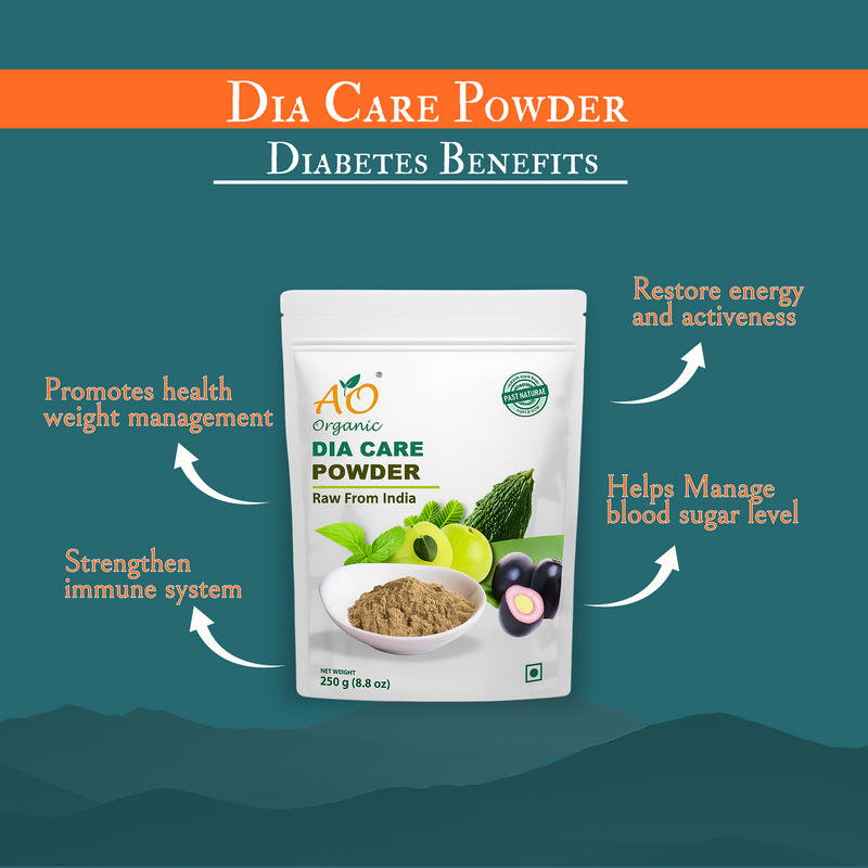 Dia Care Powder packaging with diabetes benefits text on a green background