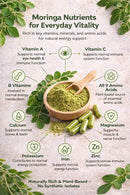 Moringa leaf powder with health benefits labeled on a light background